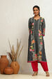 Grey Floral Block-Printed Regular Fit Straight Kurta image number 5