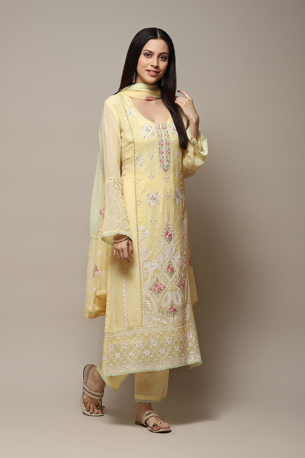 Yellow Organza Printed Unstitched Suit Set image number 7
