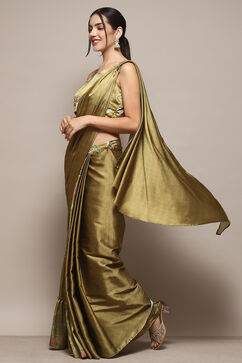 Green Pre-Draped Saree & A Stitched Blouse With Floral Prints image number 2