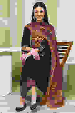 Brown Solid Gathered Straight Suit Set image number 0