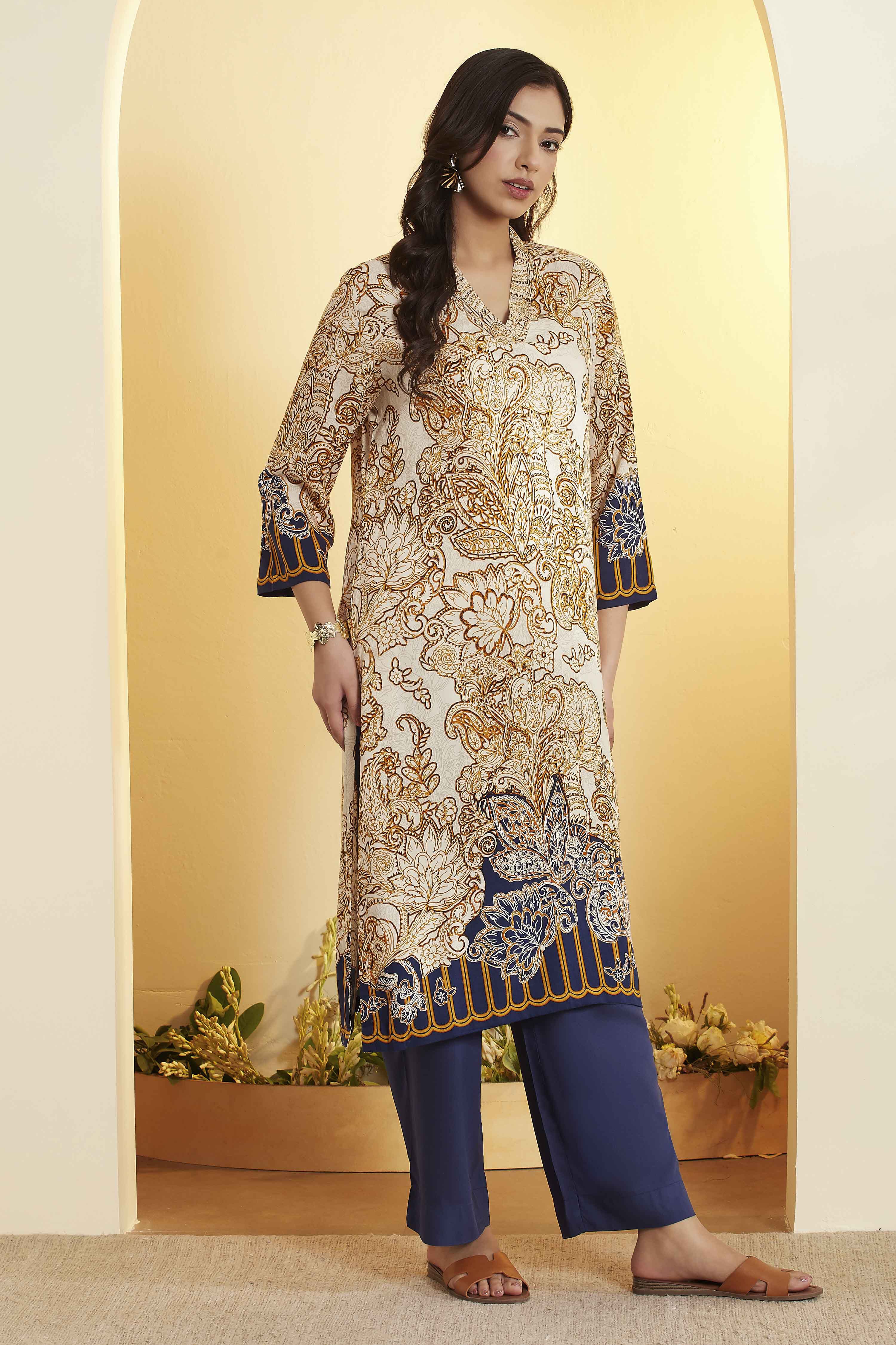 Navy Viscose Rayon Straight Kurta image number 3