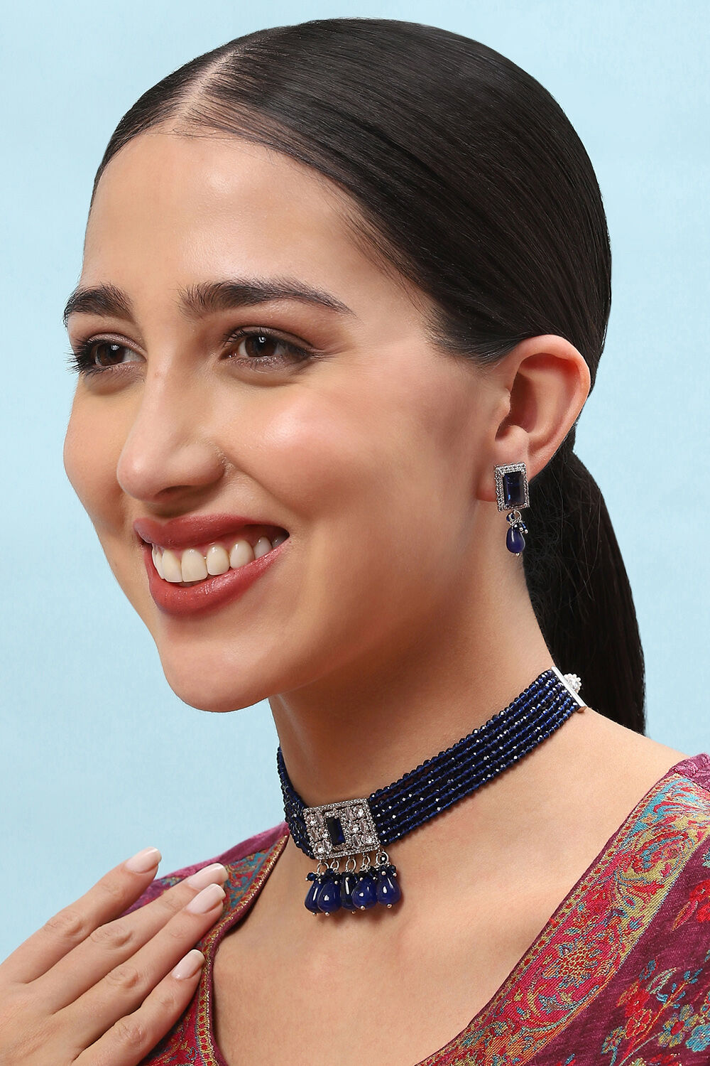 Navy Blue Brass Necklace Set image number 1