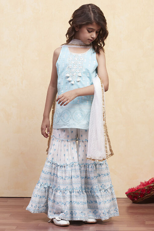 Turquoise Cotton Tiered Suit Set image number 5