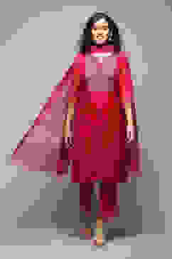 Fuchsia Poly Cotton Straight Kurta Pant Suit Set image number 0