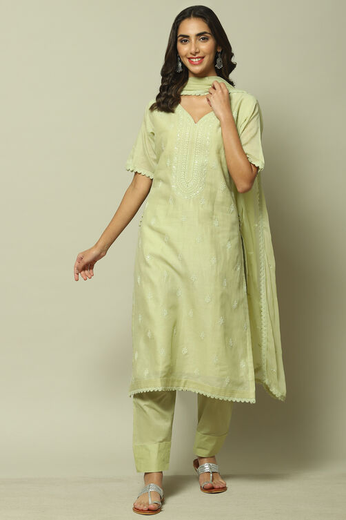 Green Cotton Machine Embroidered Unstitched Suit Set image number 1