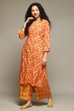 Mustard Rayon Straight Kurta Palazzo Suit Set image number 3