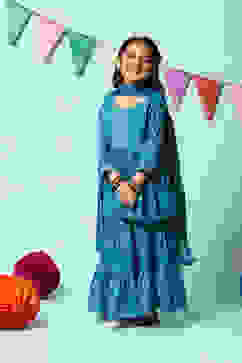 Teal Blue Cotton Flared Printed Kurta Garara Suit Set image number 7