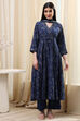 Navy Blue Printed Angrakha Style Anarkali Suit Set image number 6