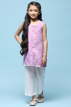Purple Schiffli Cotton Kurta With Cropped Palazzo image number 6