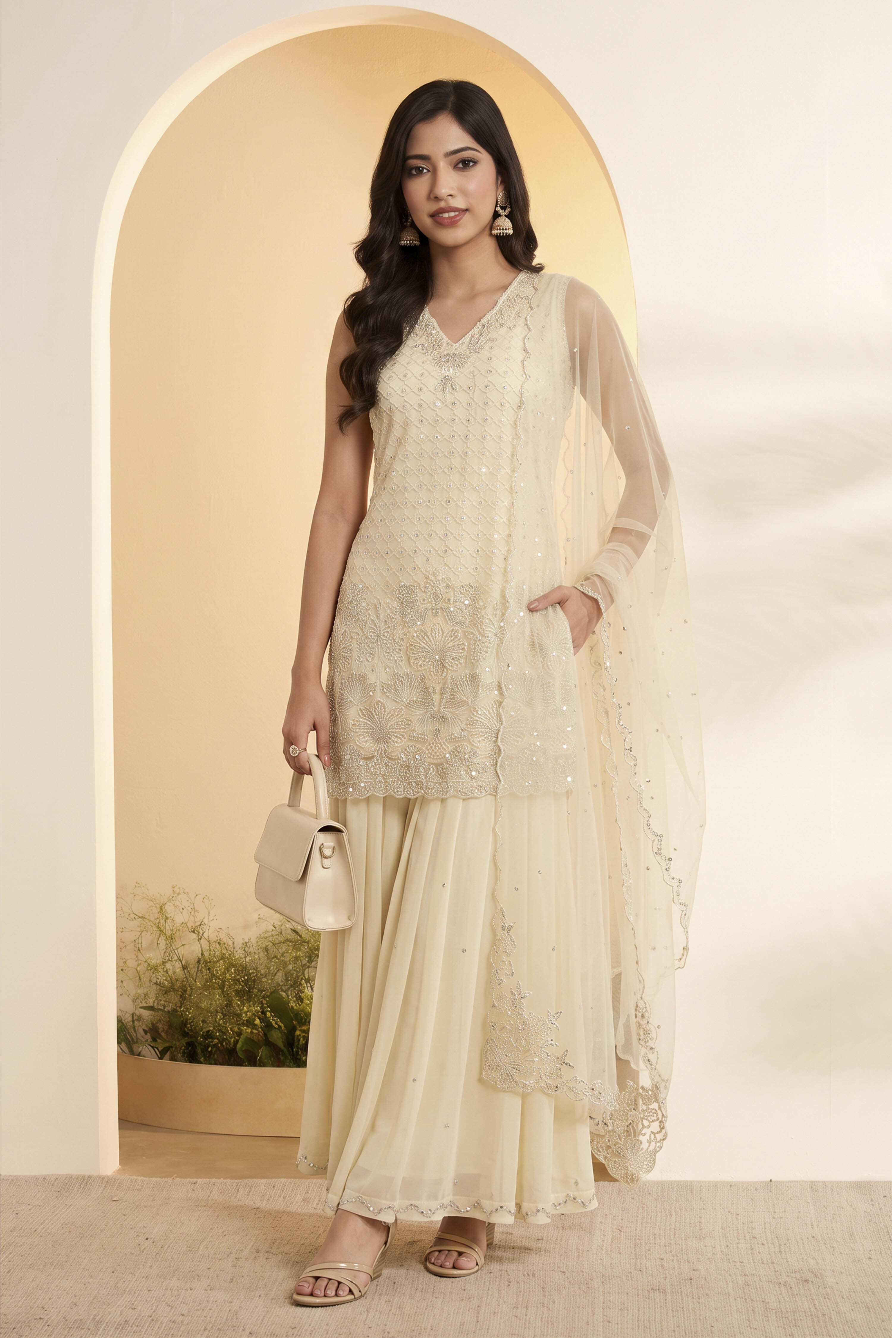 Ivory Embroidered Sharara Set with Net Dupatta image number 0