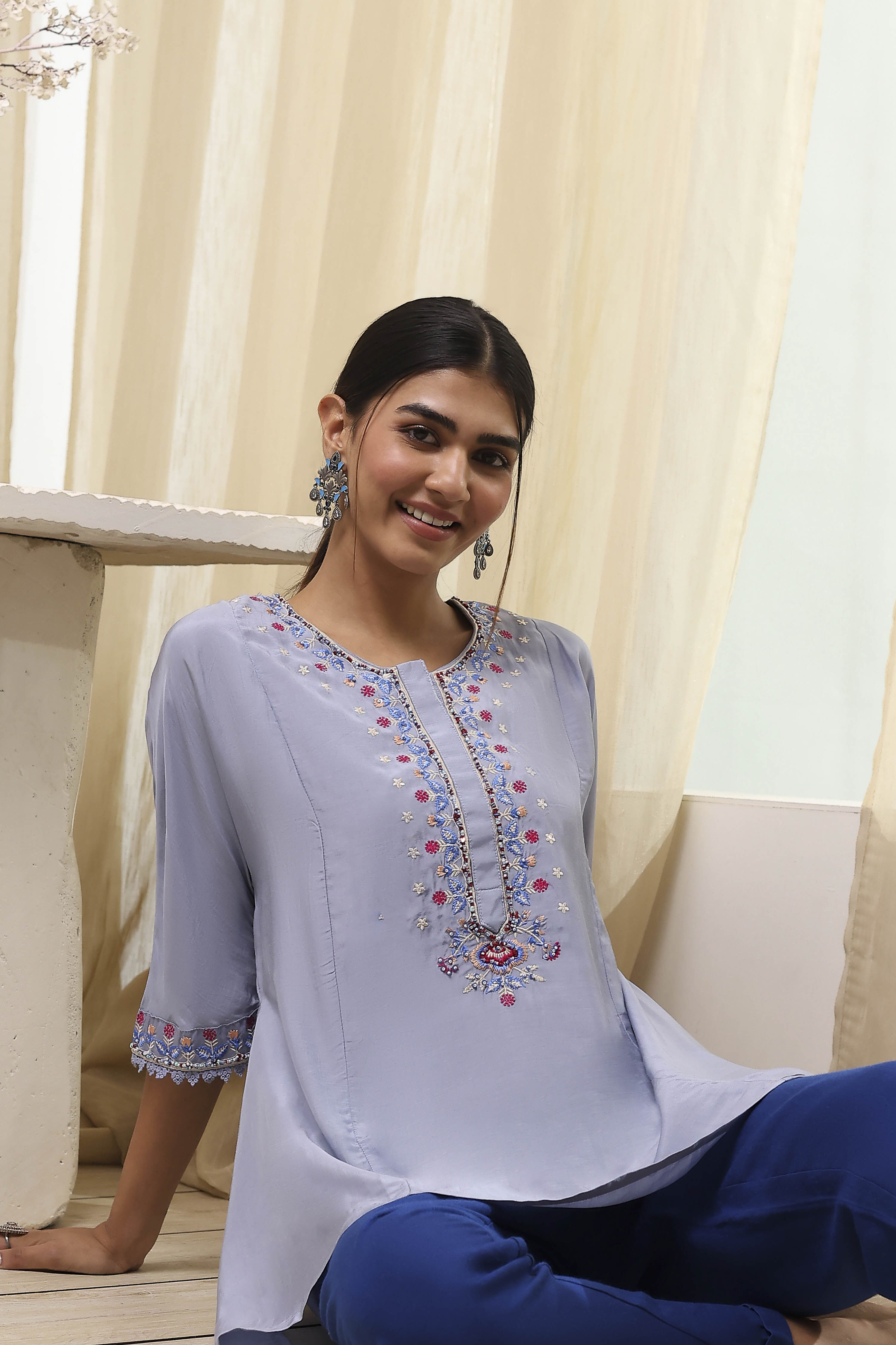 Dull Blue Modal Blend Asymmetric Short Kurta image number 6