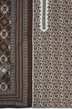 Brown Cotton Screen Print Unstitched Suit Set image number 1