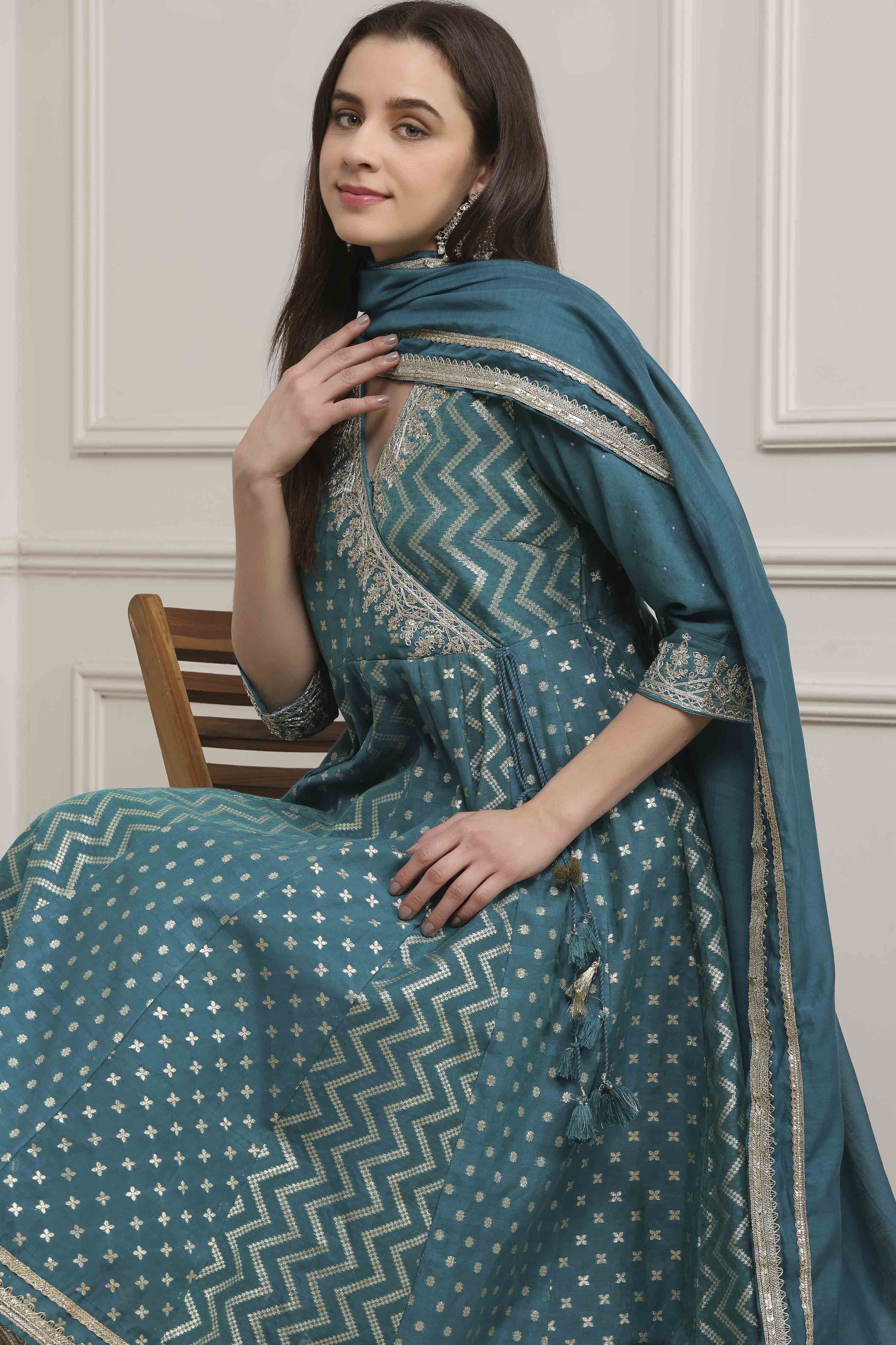 Teal Green Poly Cotton Anarkali Suit Set image number 7