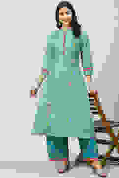 Teal Printed Cotton A-Line Kurta Palazzo Suit Set image number 5