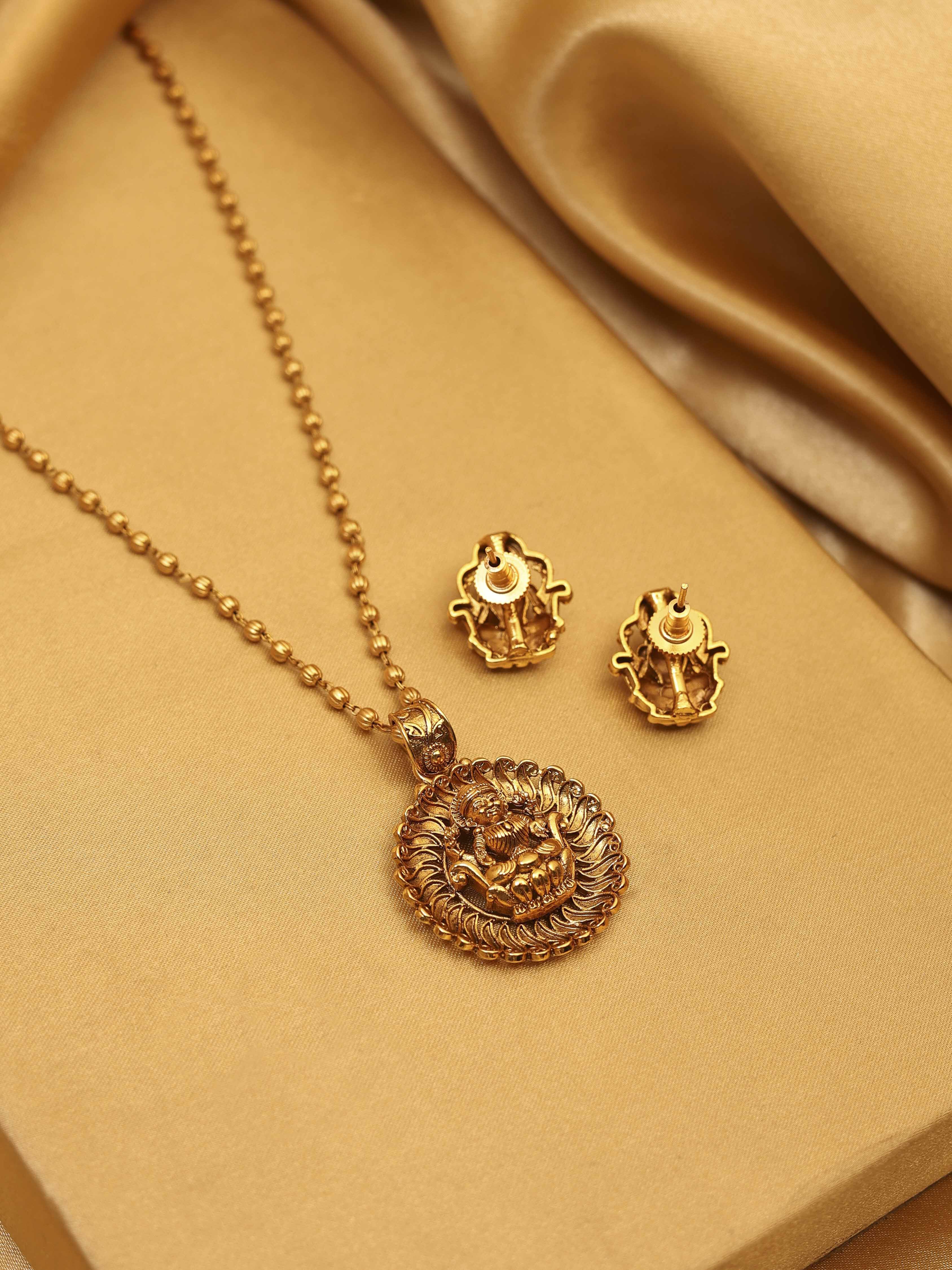 Gold Plated Brass Pendant Temple Necklace Set image number 2