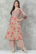 Beige Cotton A-Line Kurta Palazzo Suit Set image number 3