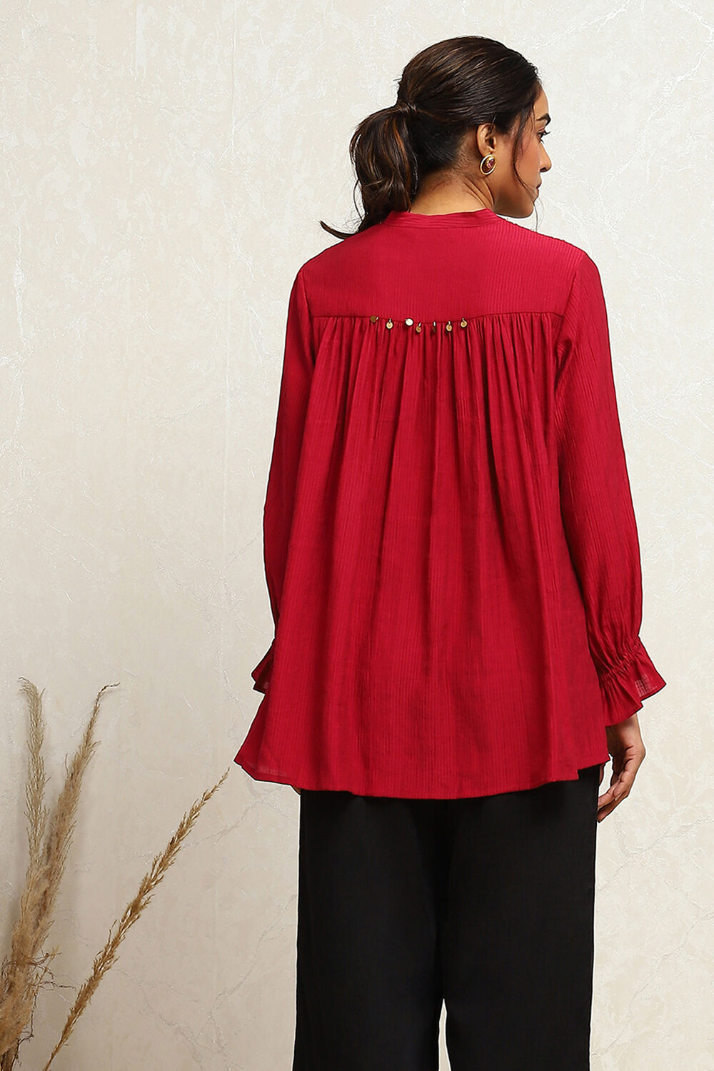 Berry Red Embroidered A-Line Kurti image number 3