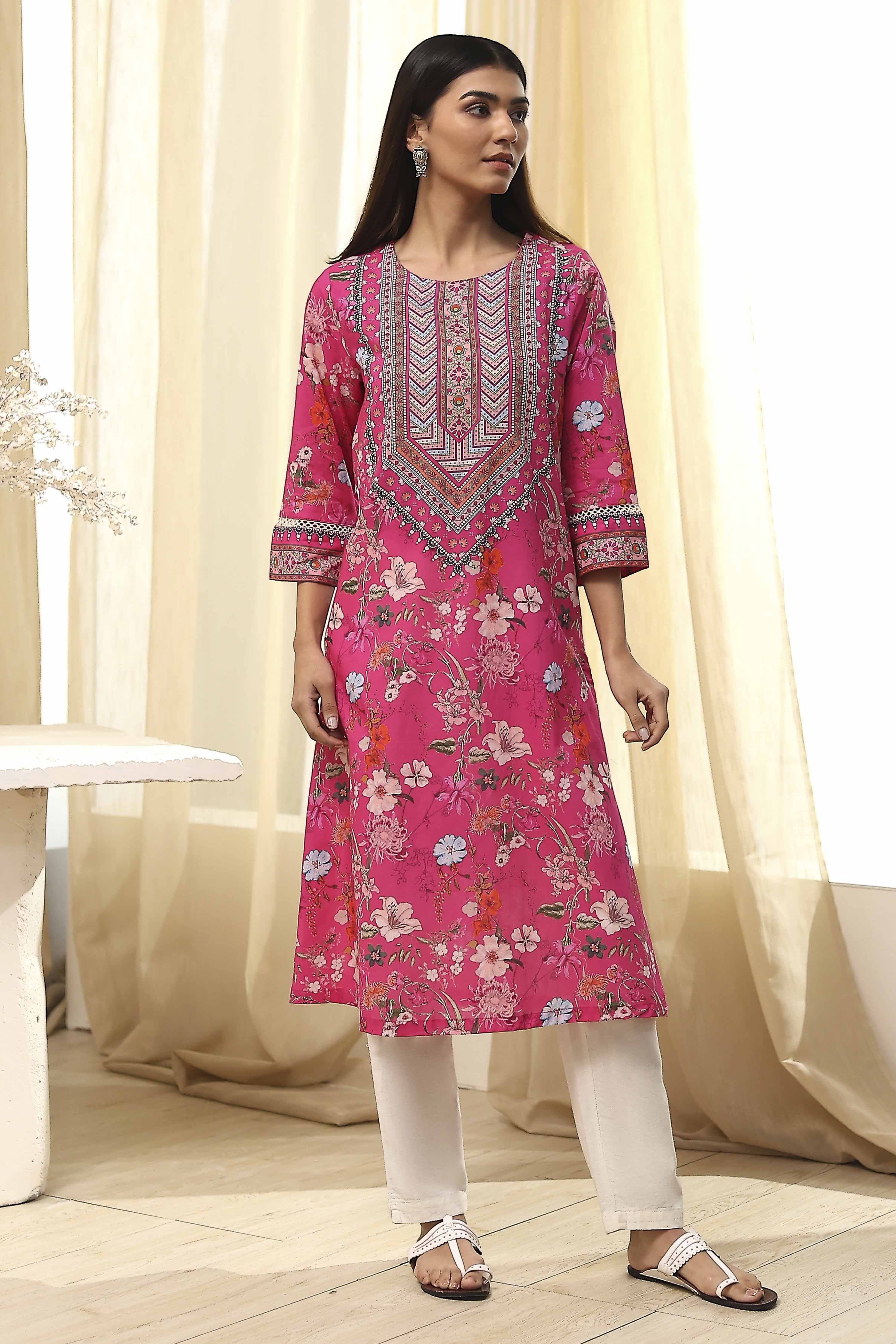 Pink Pure Cotton Floral Straight Kurta image number 5