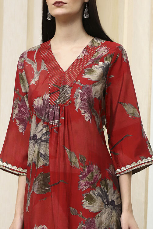 Coral Red Floral Printed Straight Kurta image number 1