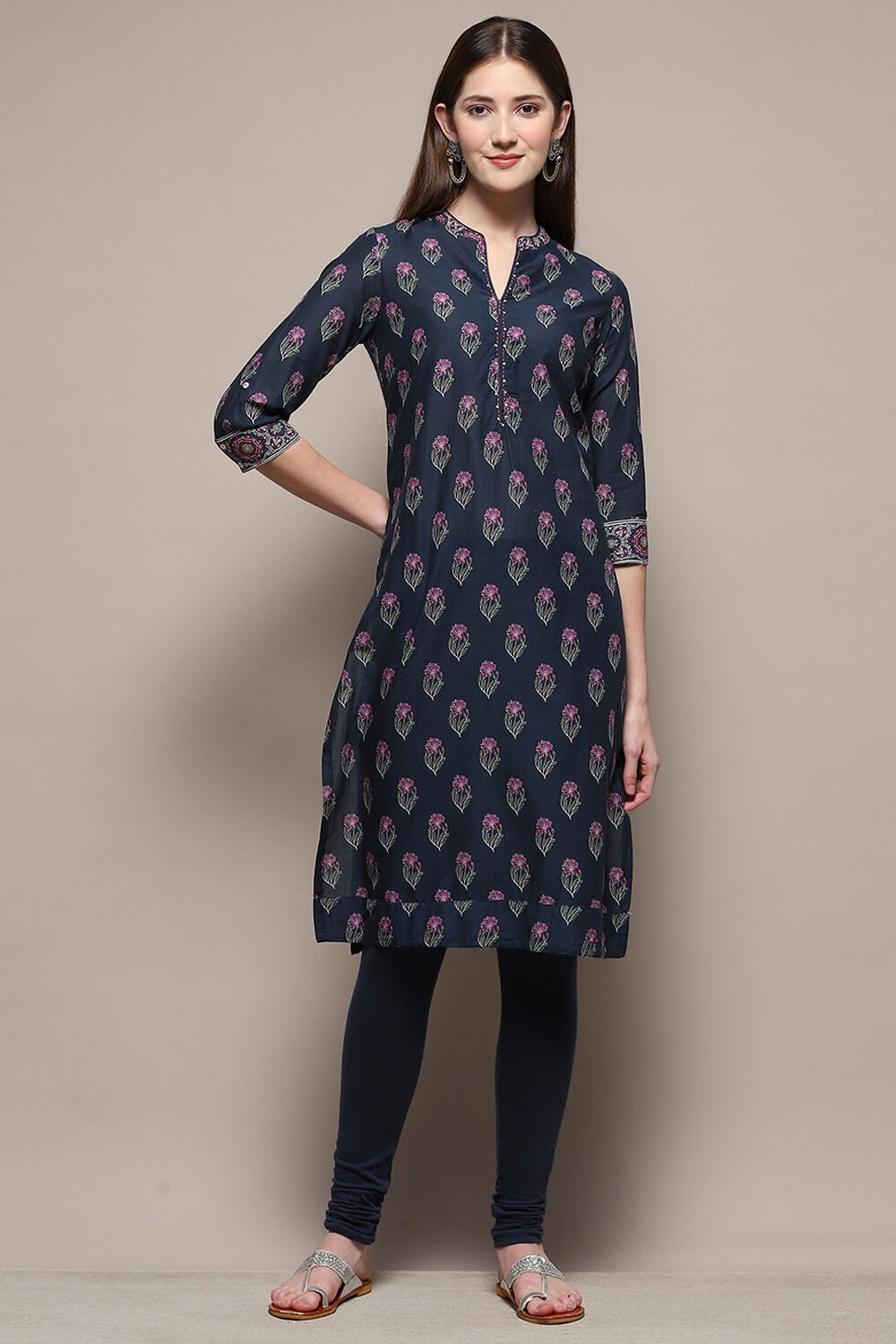 Black Cotton Straight Kurta Churidar Suit Set image number 6