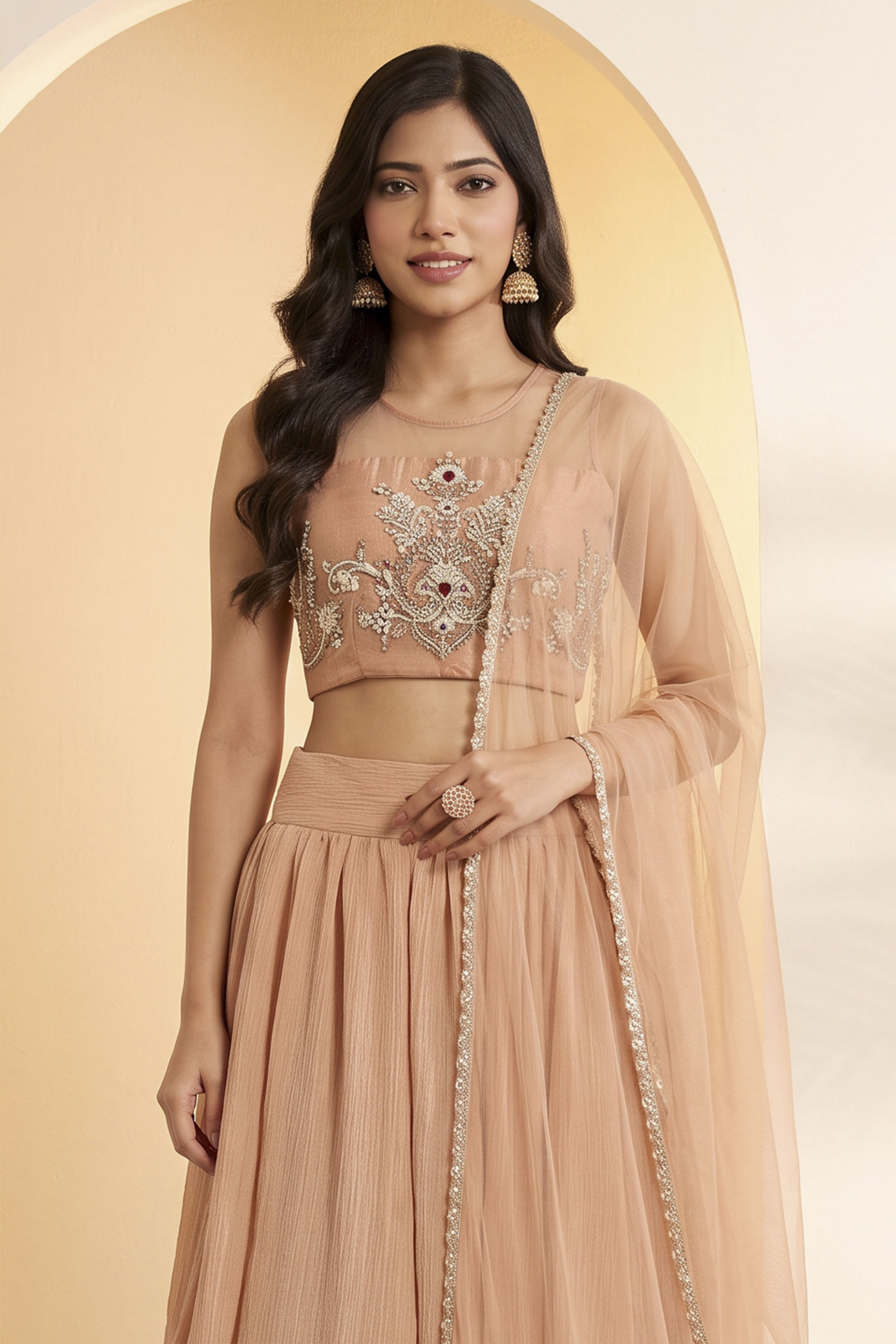 Peach Nylon Straight Lehenga Set image number 1