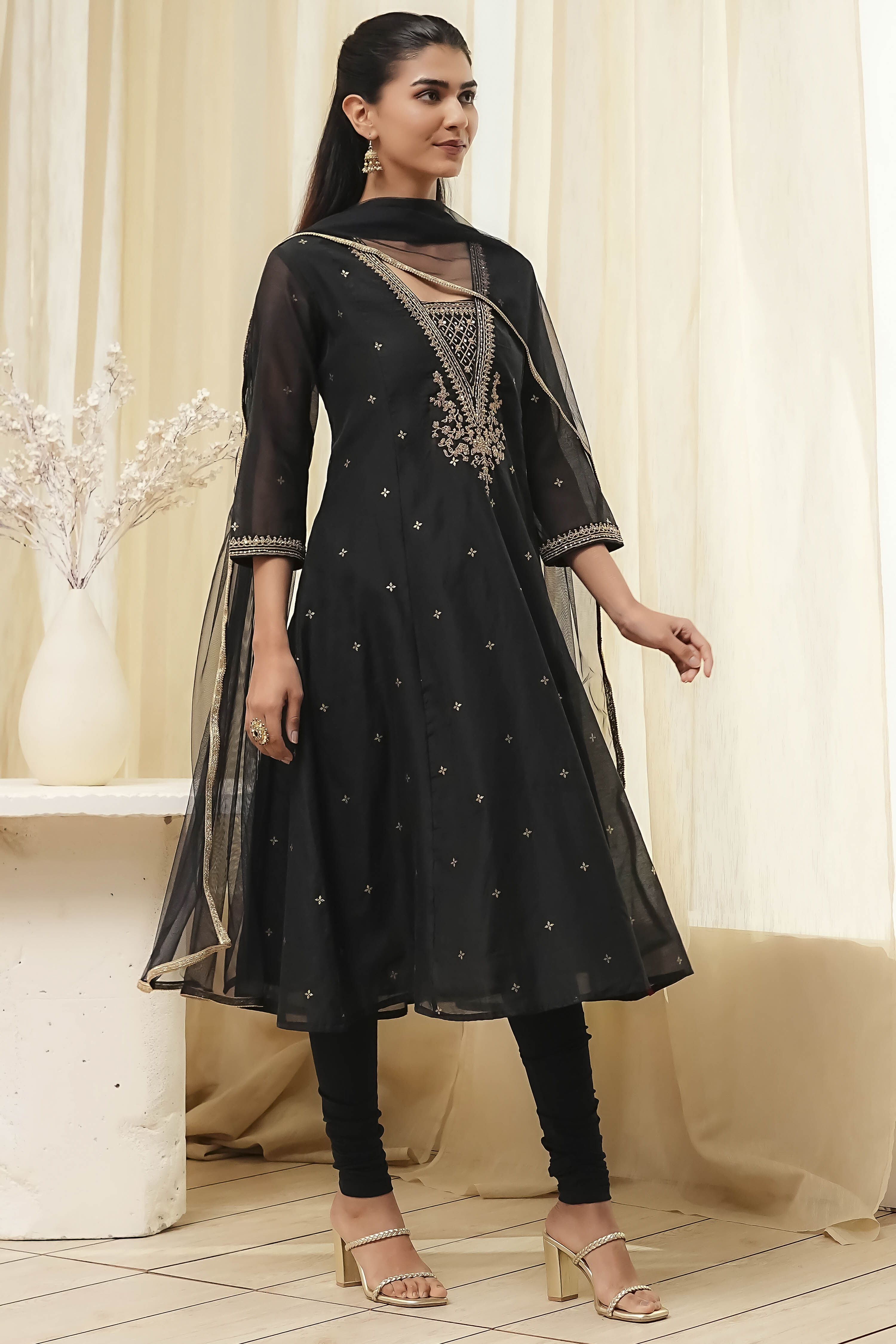 Black Poly Modal Kalidar Suit Set image number 5