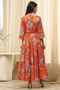 Orange Cotton Floral Tiered Dress image number 4