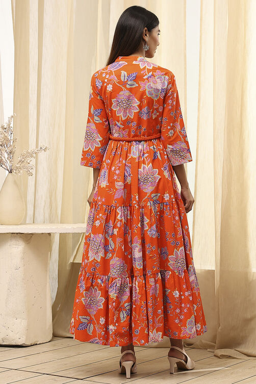 Earthy Blue Cotton Floral Tiered Dress image number 4