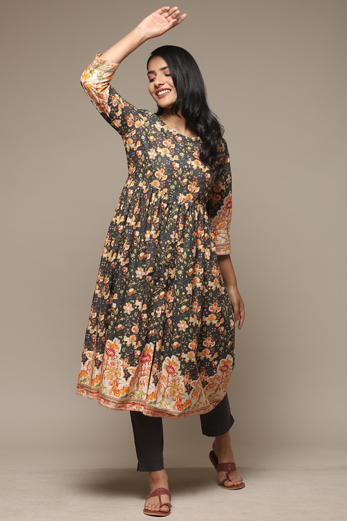 Blue Cotton Gathered Kurta Pants 2 Piece Set image number 0