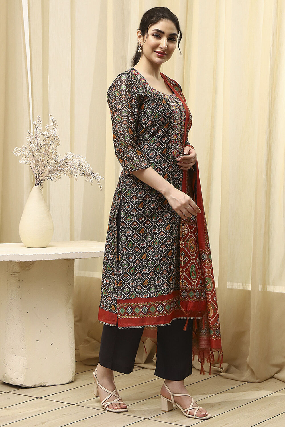 Black Tissue Machine Embroidered Unstitched Suit Set image number 6