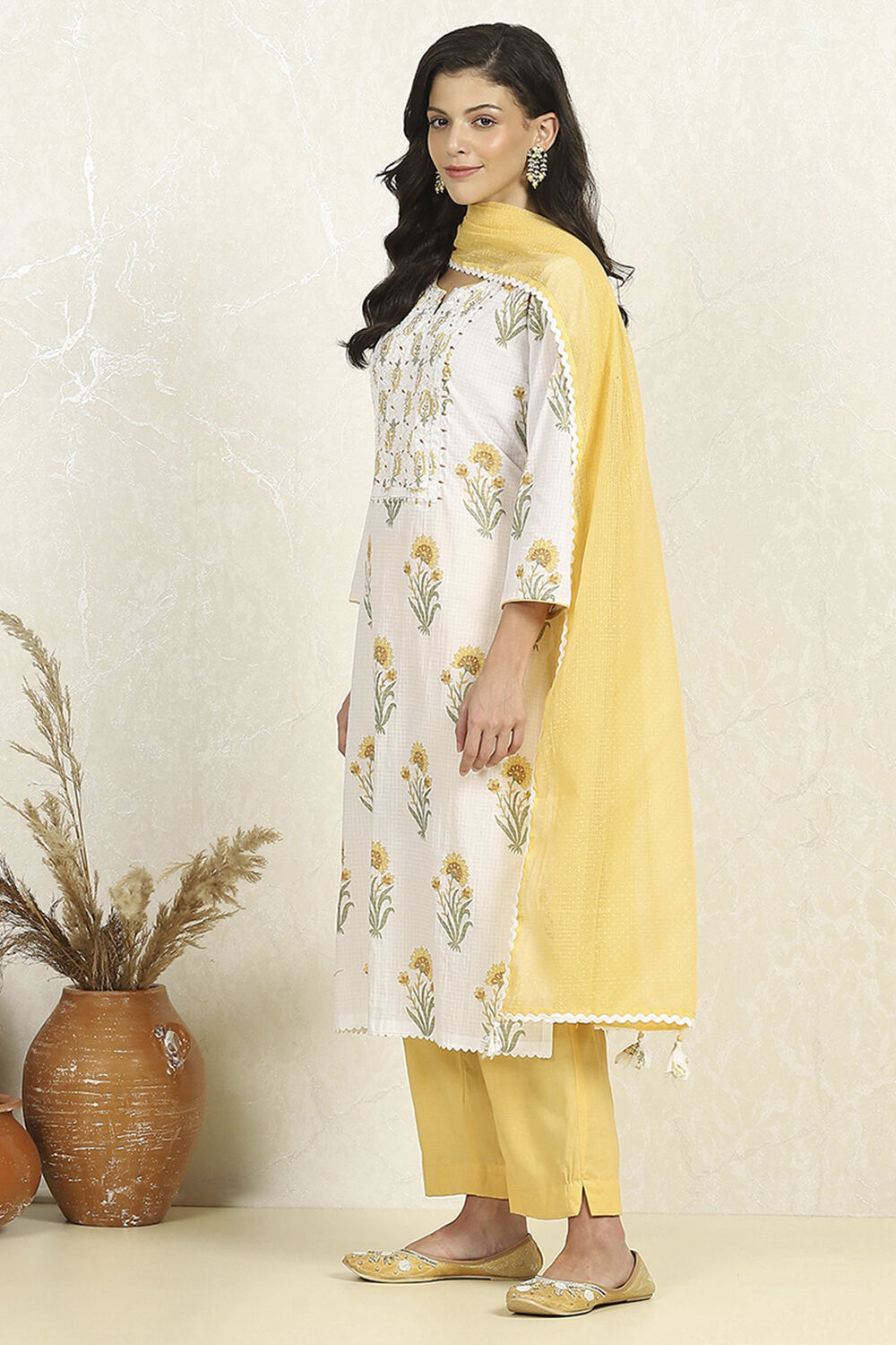Yellow and White Printed Cotton Unstitched Suit Set image number 4