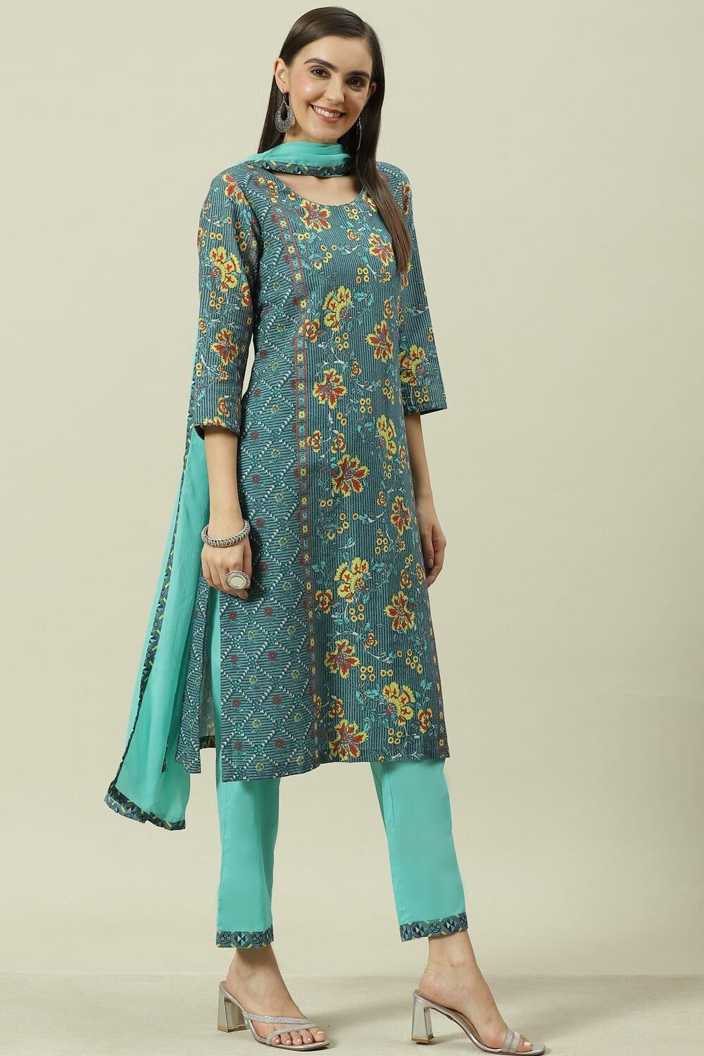 Multi-coloured Printed Straight Kurta Regular Pants Suit Set image number 0