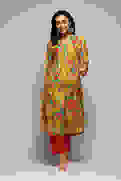 Yellow LIVA Straight Printed Kurta image number 5