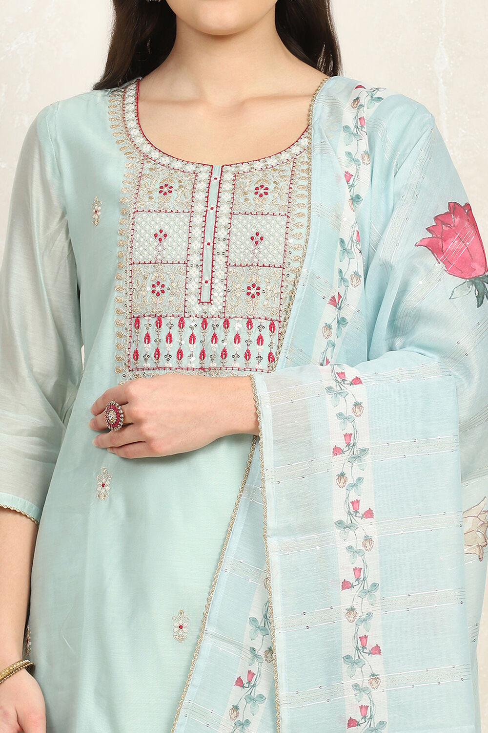 Beige Cotton Blend Machine Embroidered Unstitched Suit Set image number 2