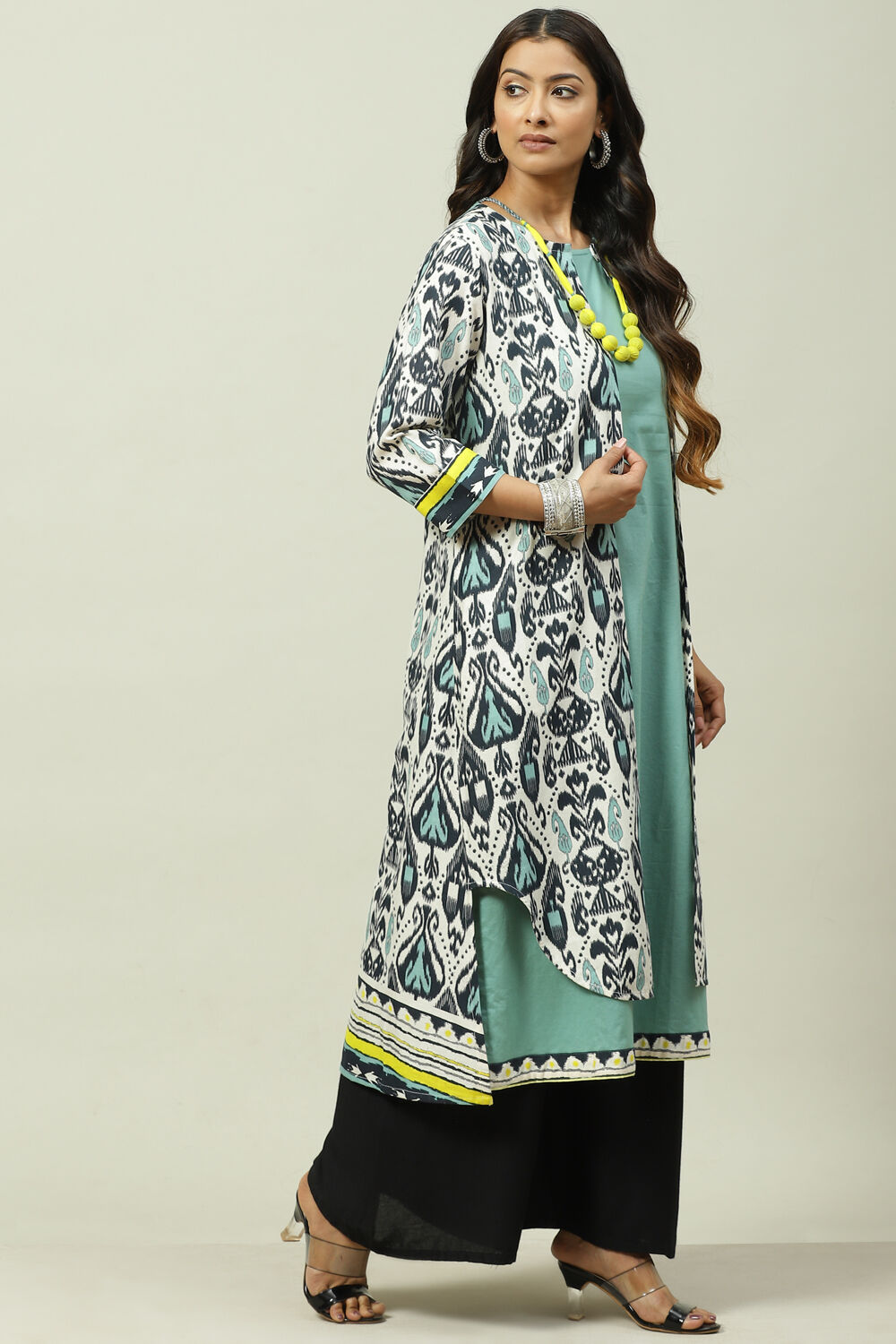 Black And Teal Rayon Printed Kurta with Jacket image number 5
