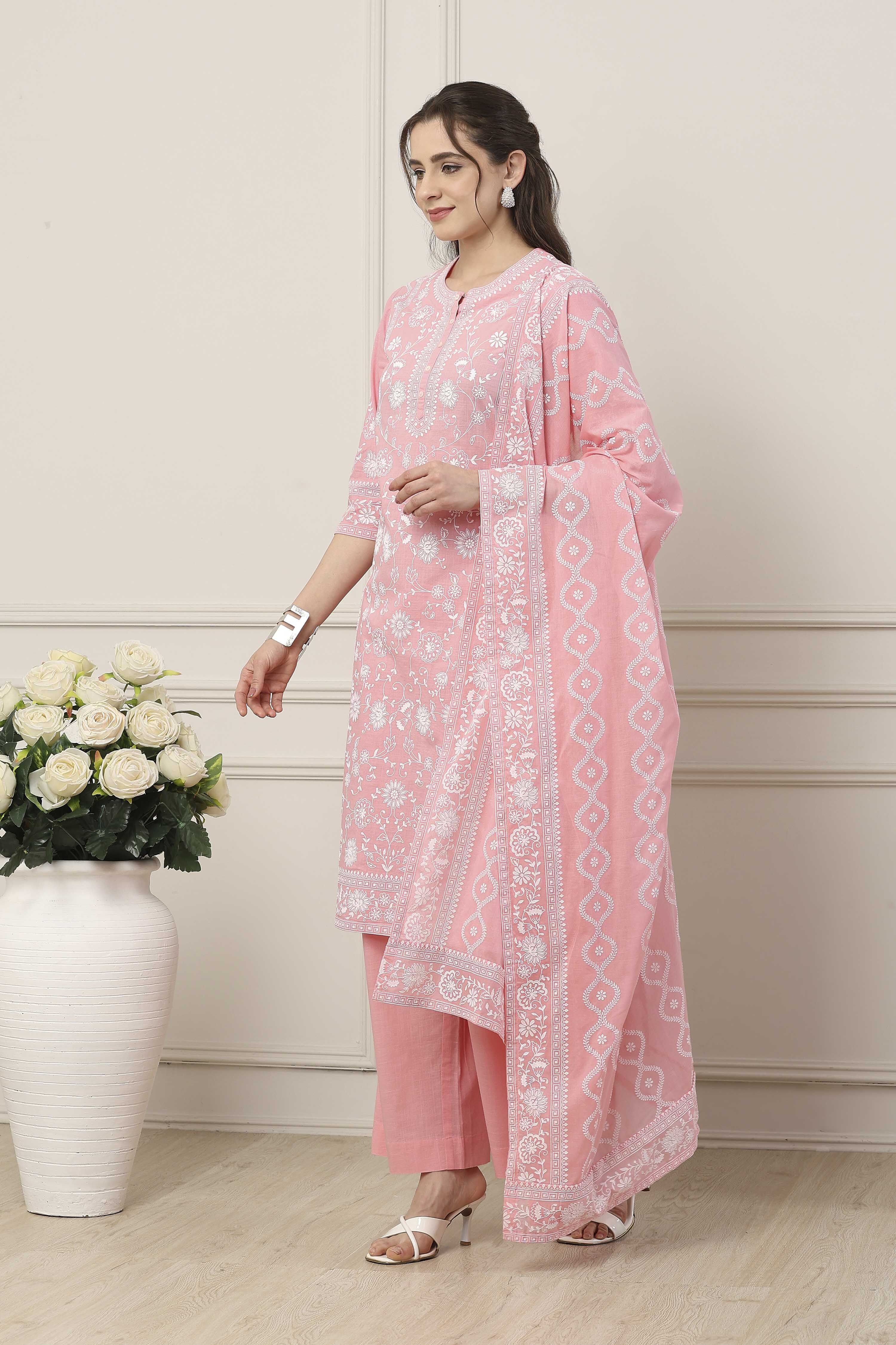 Pink & White Cotton Floral Printed Straight Suit Set image number 3