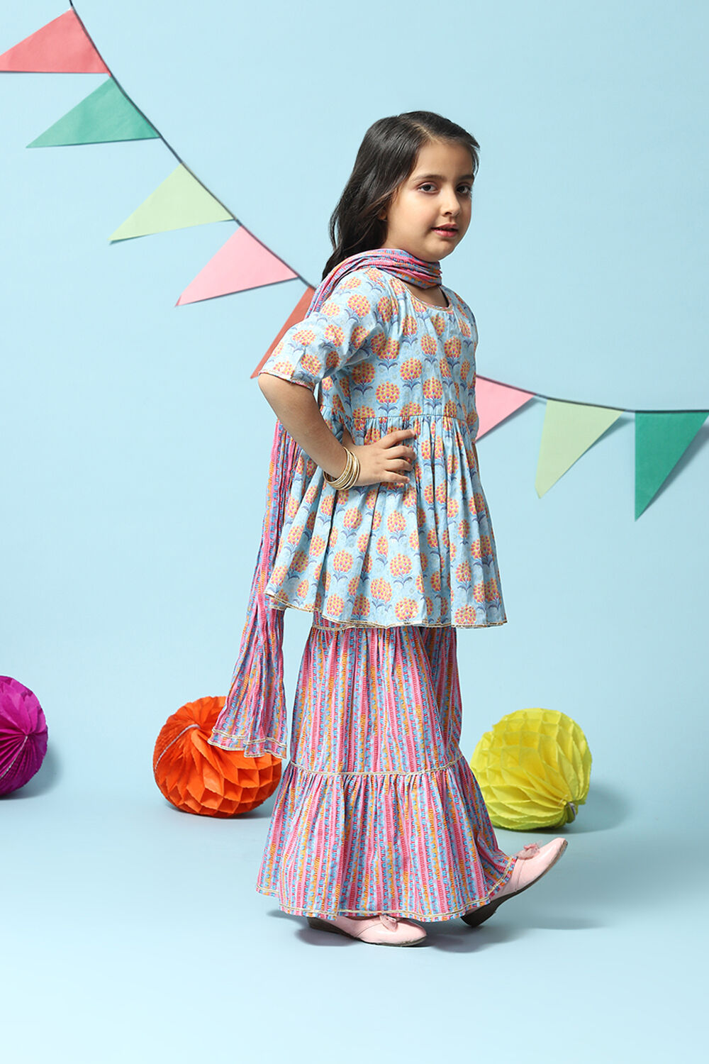 Light Blue Cotton Gathered Kurta Garara Suit Set image number 6