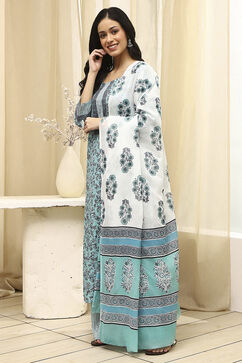 Turquoise Cotton Hand Block Print Unstitched Suit Set image number 4