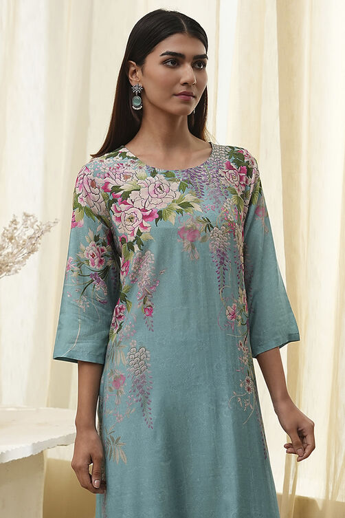 Blue Floral Straight Kurta Set image number 1