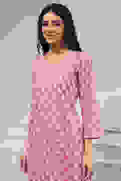 Pink Cotton Screen Print Unstitched Suit Set image number 2