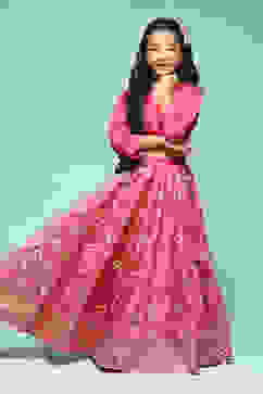 Pink Polyester Flared Printed Lehenga Set image number 0