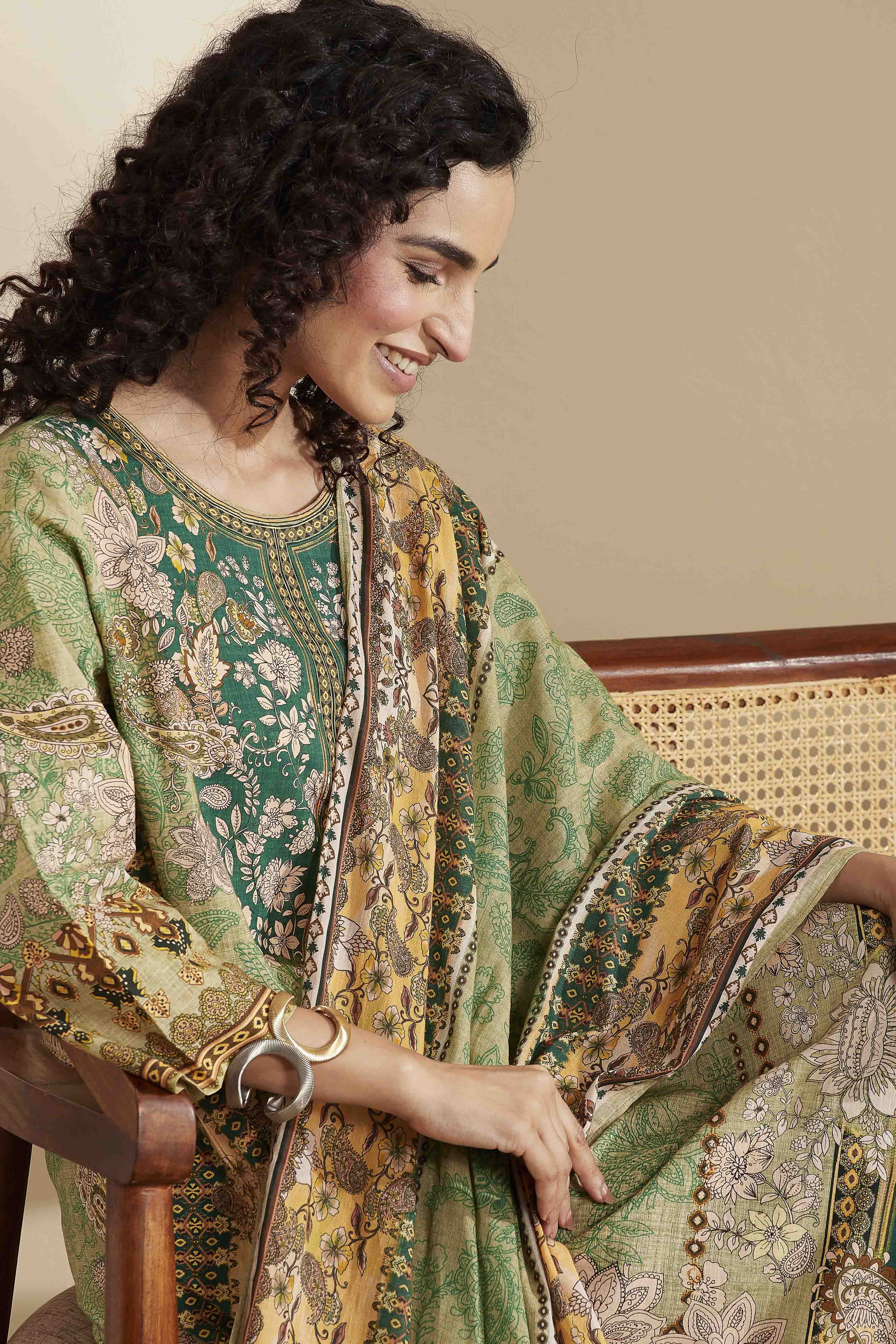 Green Cotton Printed Straight Kurta Set image number 1