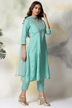 Sea Green Viscose Kalidar Kurta Slim Pant Suit Set image number 5
