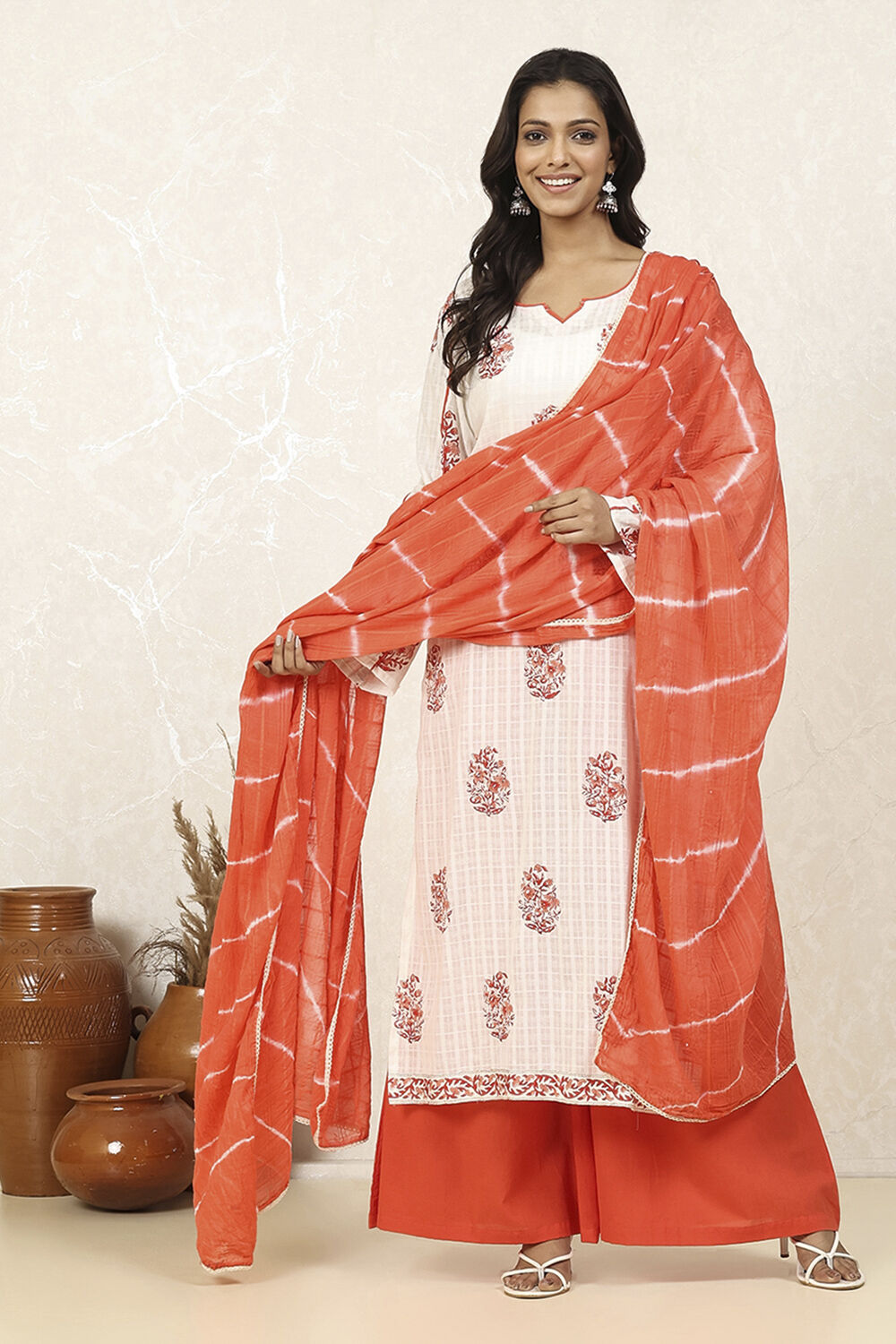 Red Cotton Hand Block Print Unstitched Suit Set image number 1