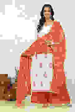 Red Cotton Hand Block Print Unstitched Suit Set image number 1