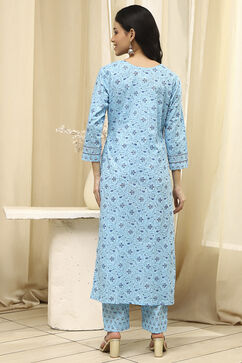 Blue Cotton Screen Print Unstitched Suit Set image number 6