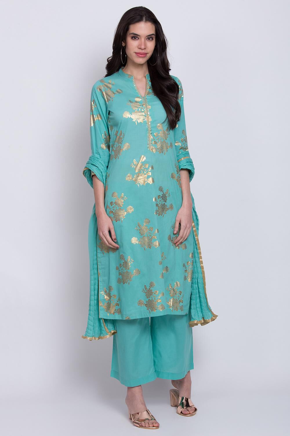 Teal Straight Kurta Palazzo Suit Set image number 3