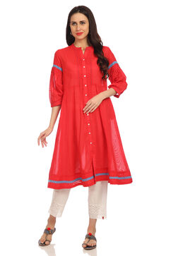 Red A-Line Cotton Solid Kurta image number 3