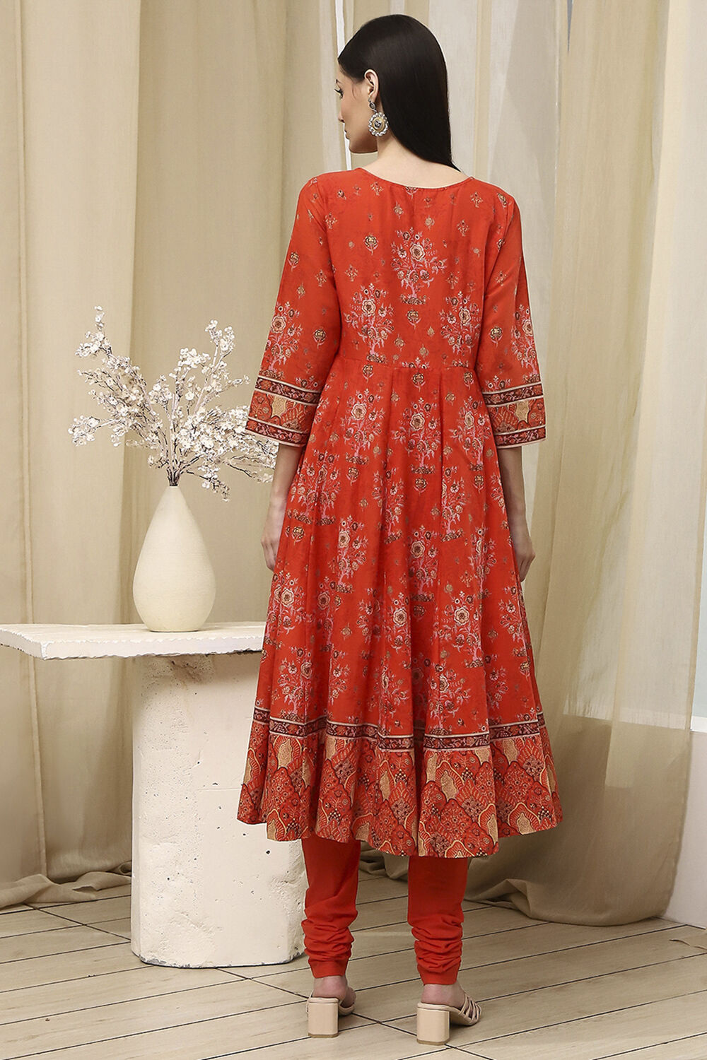 Orange Cotton Printed Anarkali Suit Set image number 4