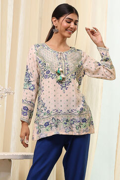 Off-White-Blue Modal Blend Straight Printed Short Kurta image number 5